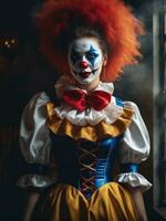 Photography of an ultra realistic woman clown in dramatic light fog AI Generated photo