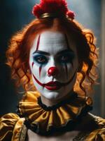 fotografía de un ultra realista mujer payaso en dramático ligero niebla ai generado foto