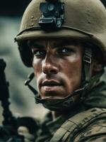 Photography of an ultra realistic Soldier in dramatic light AI Generated photo