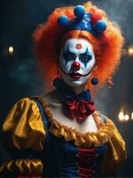 Photography of an ultra realistic woman clown in dramatic light fog photo