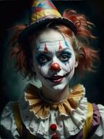 fotografía de un ultra realista mujer payaso en dramático ligero ai generado foto