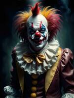 Photography of an ultra realistic clown in dramatic light AI Generated photo