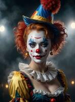 Photography of an ultra realistic woman clown in dramatic light fog AI Generated photo