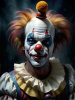 Photography of an ultra realistic clown in dramatic light AI Generated photo