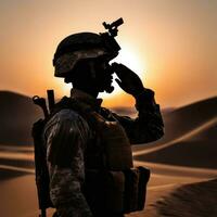 Silhouette Of A Soldier Saluting During Sunset AI Generated photo