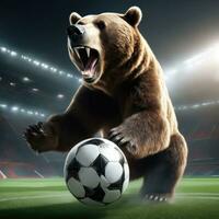 Beautiful bear with soccer ball, furious bear in stadium background. AI Generated photo