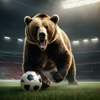 Beautiful bear with soccer ball, furious bear in stadium background. AI Generated photo