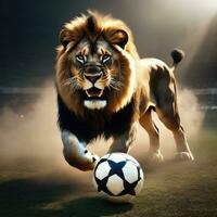 Beautiful lion with soccer ball, furious lion in stadium background. AI Generated photo