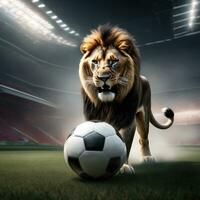 Beautiful lion with soccer ball, furious lion in stadium background. AI Generated photo