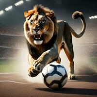 hermosa león con fútbol pelota, furioso león en estadio antecedentes. ai generado foto
