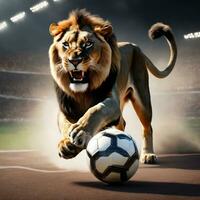 Beautiful lion with soccer ball, furious lion in stadium background. AI Generated photo