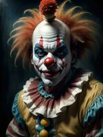 Photography of an ultra realistic clown in dramatic light AI Generated photo