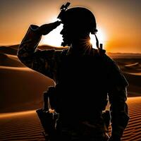 Silhouette Of A Soldier Saluting During Sunset AI Generated photo