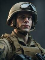 Photography of an ultra realistic Soldier in dramatic light AI Generated photo