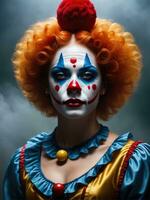 fotografía de un ultra realista mujer payaso en dramático ligero niebla ai generado foto