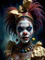 fotografía de un ultra realista mujer payaso en dramático ligero niebla ai generado foto