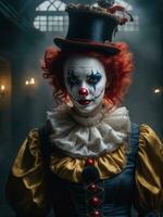 Photography of an ultra realistic woman clown in dramatic light fog AI Generated photo