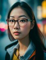 Woman with glasses standing in the street.  AI Generative Pro Photo