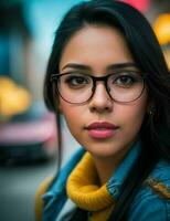 mujer con lentes en pie en el calle. ai generativo Pro foto