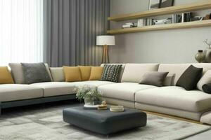 Modern living room design with comfortable sofa and elegant decoration. AI Generative Pro Photo