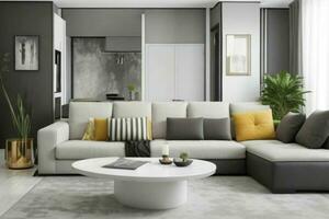 Modern living room design with comfortable sofa and elegant decoration. AI Generative Pro Photo