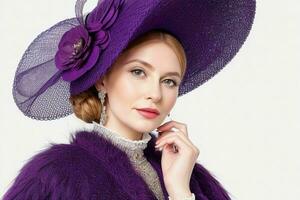 Portrait of a fashionable beautiful woman in traditional clothes wearing a hat.  AI Generative Pro Photo