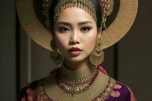 Portraits of fashionable beautiful women in traditional clothes.  AI Generative Pro Photo