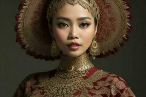 Portraits of fashionable beautiful women in traditional clothes.  AI Generative Pro Photo