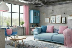 Modern industrial loft living room home interior.  AI Generative Pro Photo