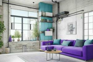 moderno industrial desván vivo habitación hogar interior. ai generativo Pro foto