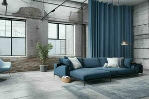 Modern industrial loft living room home interior.  AI Generative Pro Photo