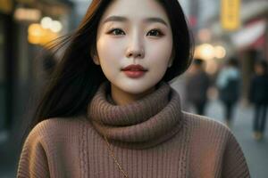 Beautiful woman in a sweater on the street.  AI Generative Pro Photo