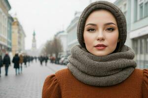 hermosa mujer en un suéter en el calle. ai generativo Pro foto