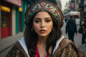 Portrait of a woman in streetwear on the street.  AI Generative Pro Photo