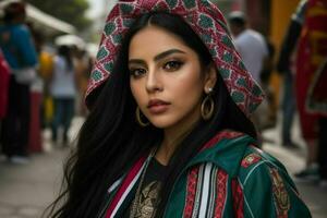 retrato de un mujer en ropa de calle en el calle. ai generativo Pro foto