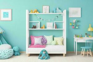 Interior kid's room and wall frame.  AI Generative Pro Photo