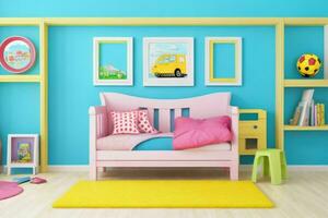 Interior kid's room and wall frame.  AI Generative Pro Photo