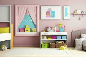 Interior kid's room and wall frame.  AI Generative Pro Photo