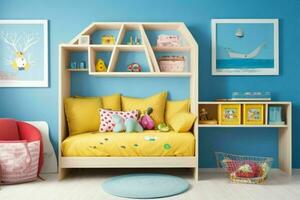 Interior kid's room and wall frame.  AI Generative Pro Photo