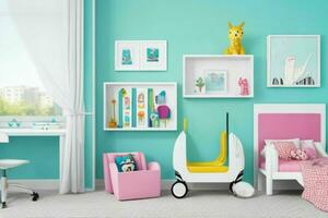 Interior kid's room and wall frame.  AI Generative Pro Photo