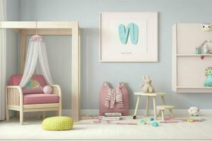 Interior kid's room and wall frame.  AI Generative Pro Photo