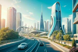 modern city in trendy futurism style.  AI Generative Pro Photo