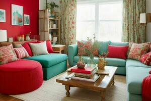 Eclectic style living room design.  AI Generative Pro Photo