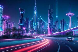 Modern night city in trendy futurism style. AI Generative Pro Photo