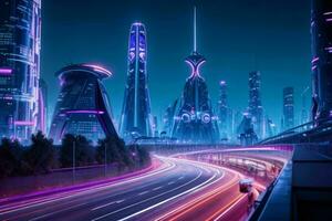 Modern night city in trendy futurism style. AI Generative Pro Photo