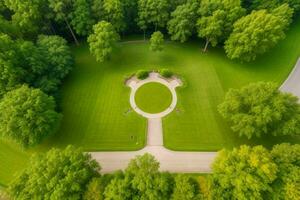 hermosa paisaje parque con arboles y Dom. vistoso follaje en el parque. ai generativo Pro foto