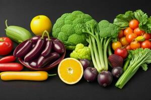 Composition with a variety of organic vegetables and fruits. AI Generative Pro Photo