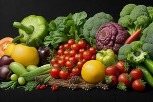Composition with a variety of organic vegetables and fruits. AI Generative Pro Photo