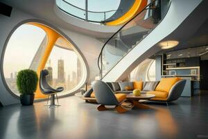 living room in trendy futurism style. AI Generative Pro Photo