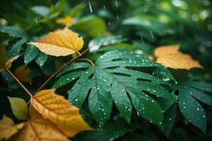 Close up macro photography of wet leaves in the rainy season. AI Generative Pro Photo